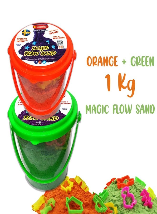 Rabbit Magic Flow 1KG Play Sand Bucket for Kids - Includes 20 Fun Moulds, Roller & Cutter | Soft, Mess-Free Sand for Creative Play & Sensory Fun | Age 5+ (Orange-Green) - Image 2
